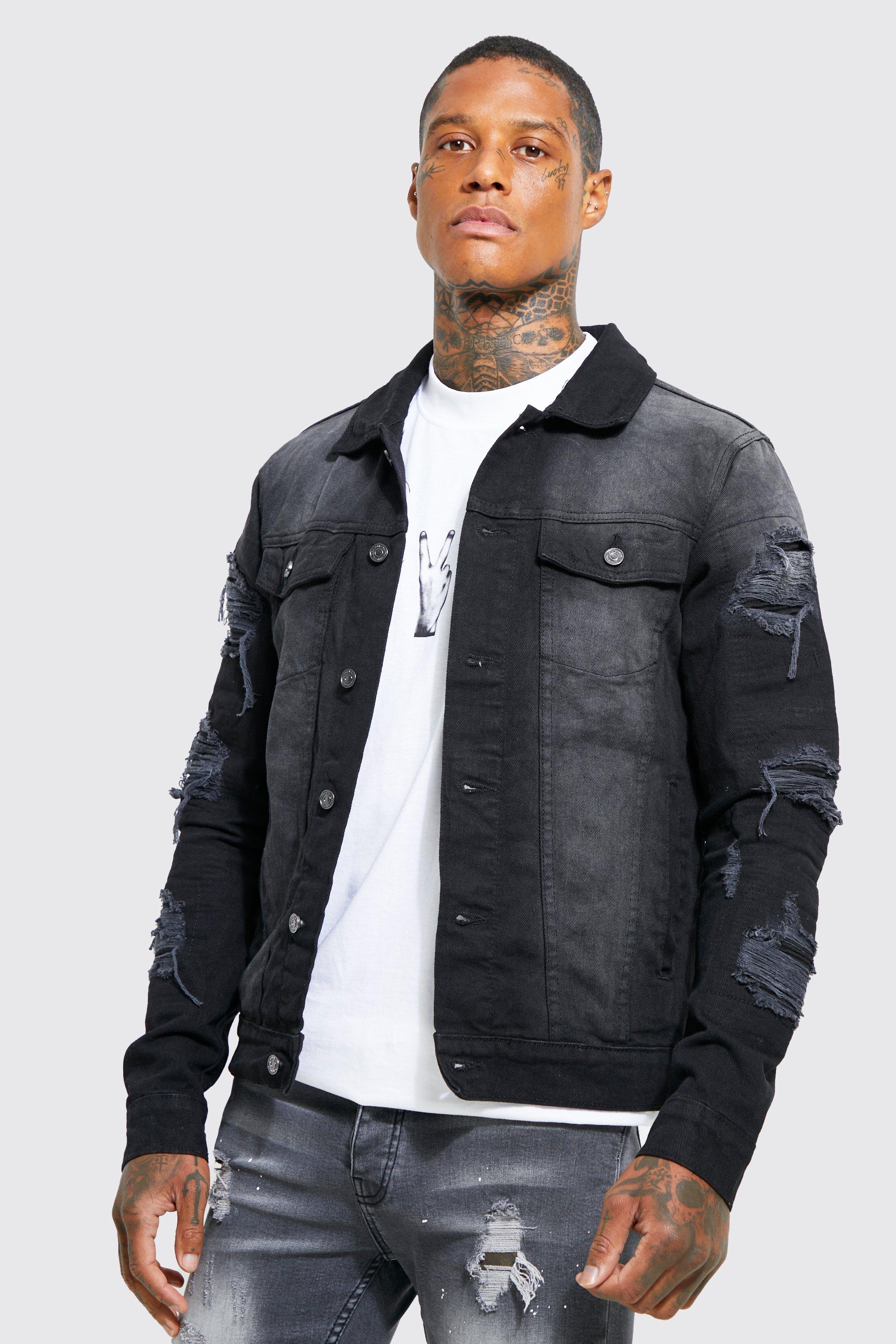 Denim jacket black ripped sale